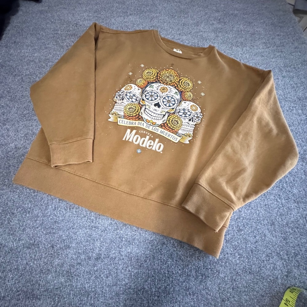Lucky Brand Modelo Dia de los Muertos Sugar Skull Sweatshirt Brown Medium 135775